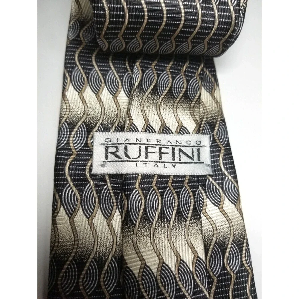 Gianfranco Ruffini Black Tan Geometric Silk‎ Pointed Tie Made in USA